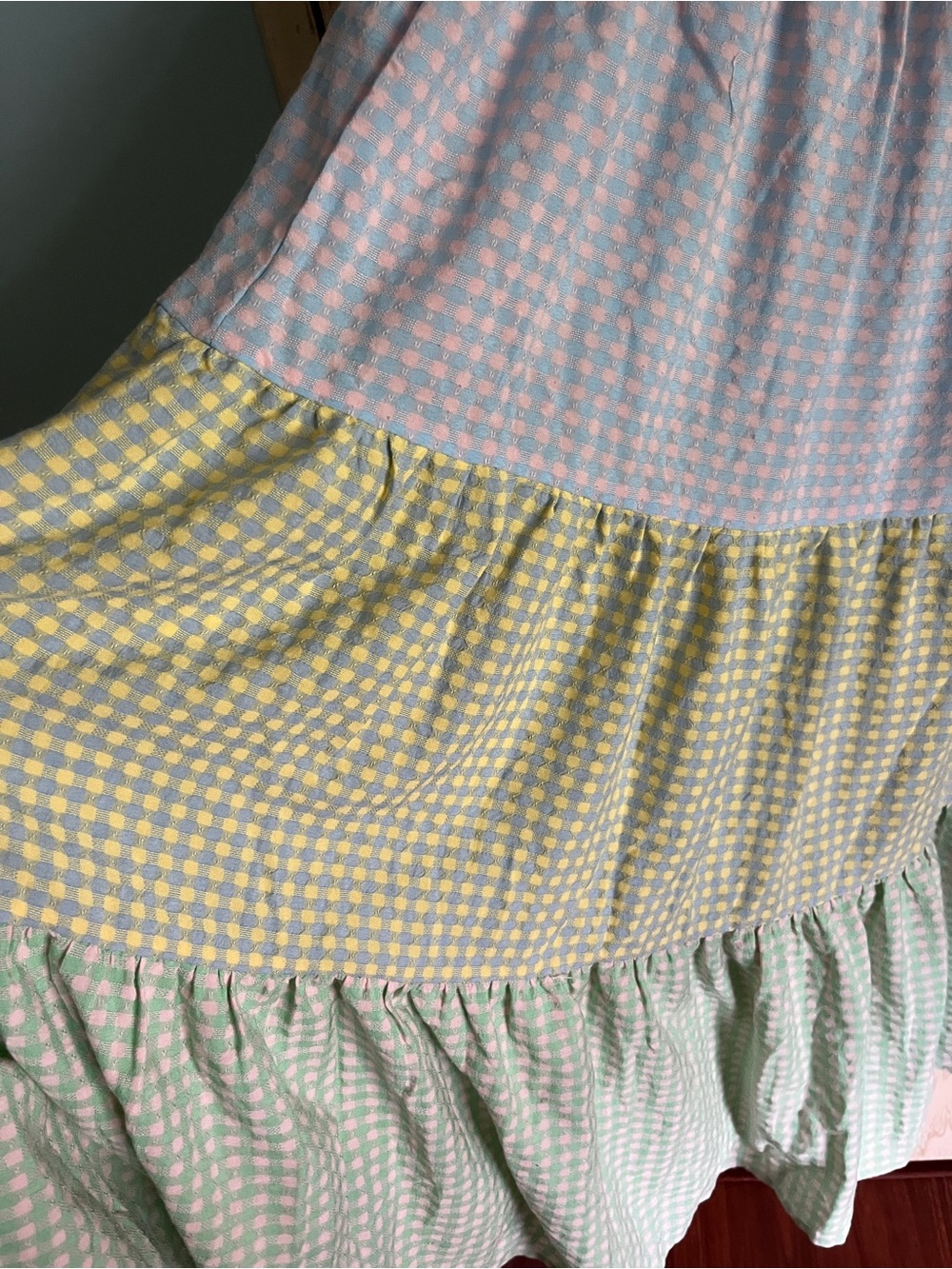 Greylin Nola Smocked Gingham Plaid Colorblock Tiered Midi Dress Sz M Pastel View 5